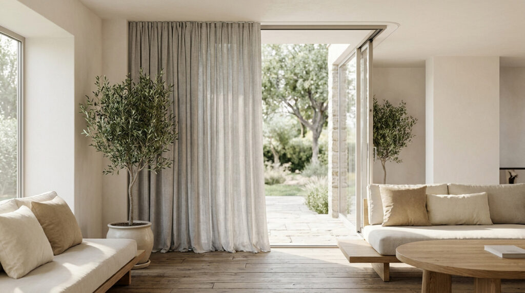 Rideaux en lin clair installés sur une large porte-fenêtre coulissante donnant sur un jardin dans un salon lumineux.