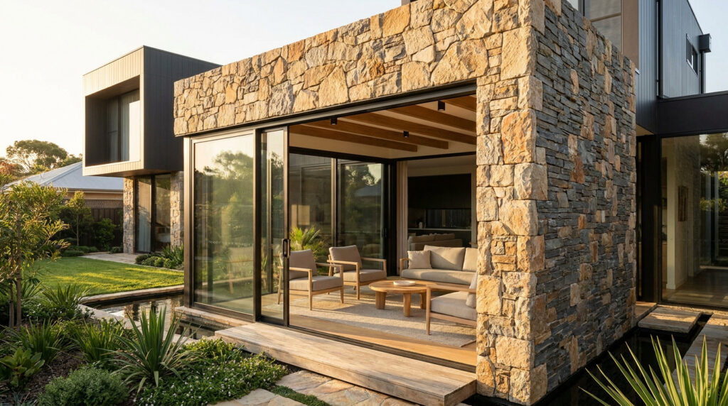 Véranda moderne ouverte sur un jardin avec un bassin et un mur en pierre naturelle.
